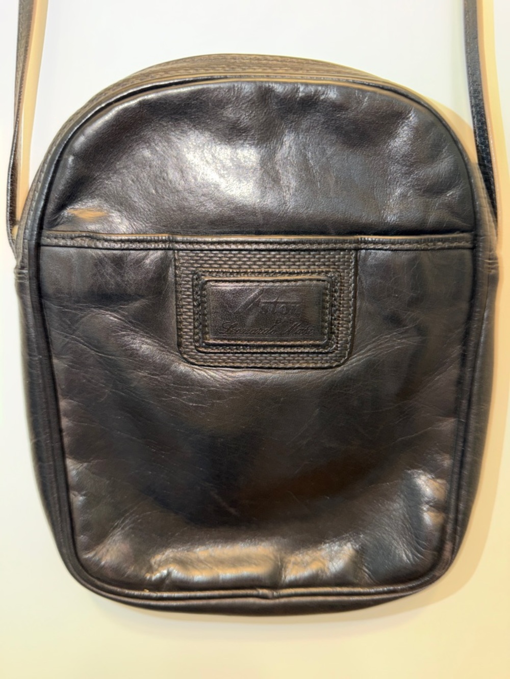Astor Bags by Leonardo Masi Black Leather Crossbody with Front Patch & Pocket
